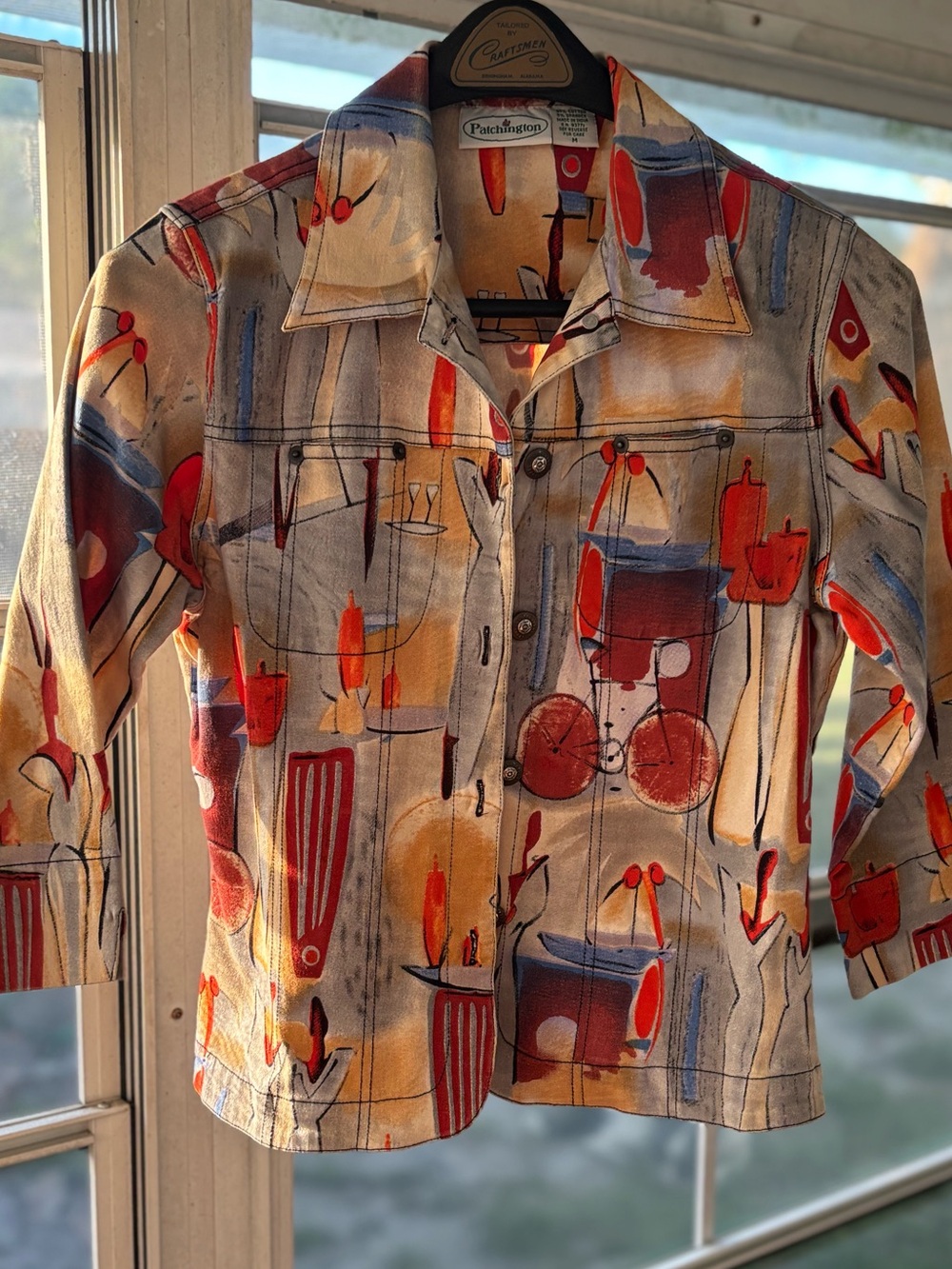 Patchington Vintage Button-Front Art Print Jacket. Denim cotton stretchy blend.